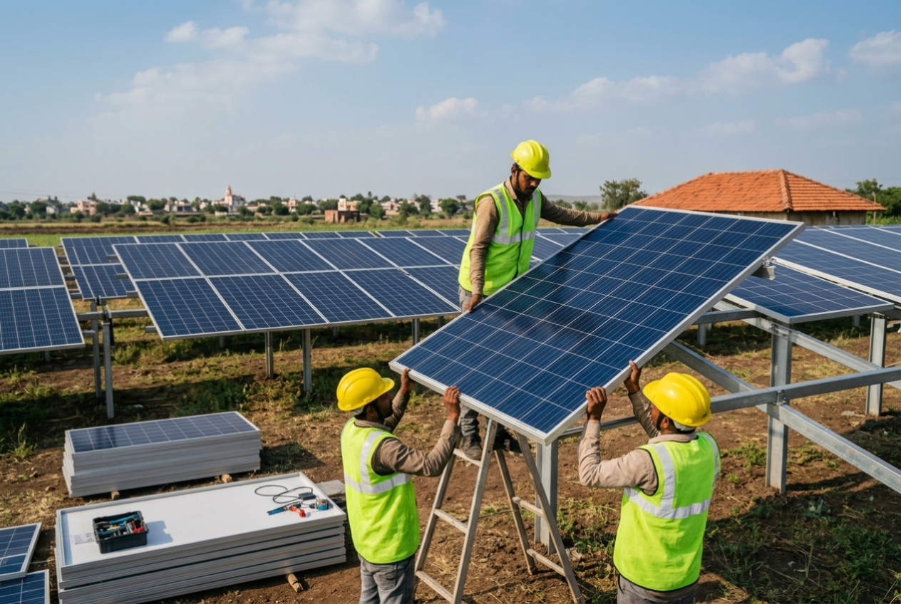 Professional solar installation crew in safety gear collaboratively installing photovoltaic panels on ground-mounted system in open field, demonstrating R2SY's commercial solar expertise in North India