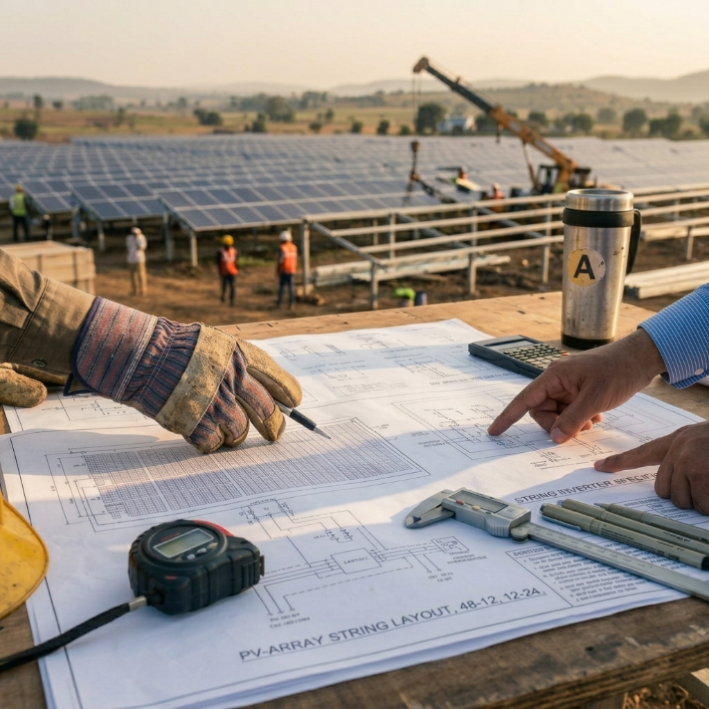 Close-up of hands reviewing solar installation blueprints at construction site, representing R2SY's precision planning and turnkey infrastructure solutions across North India