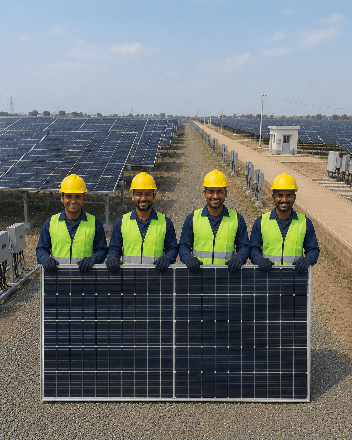 Professional portrait of R2SY solar installation team in safety gear standing before solar panel array, representing the skilled workforce delivering infrastructure solutions across North India