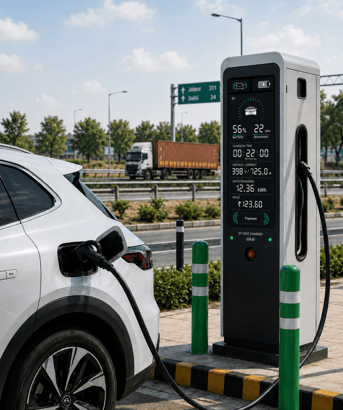 Electric vehicle actively charging at modern highway charging station, showcasing R2SY's complete EV infrastructure deployment for commercial spaces, highways, and public locations across North India