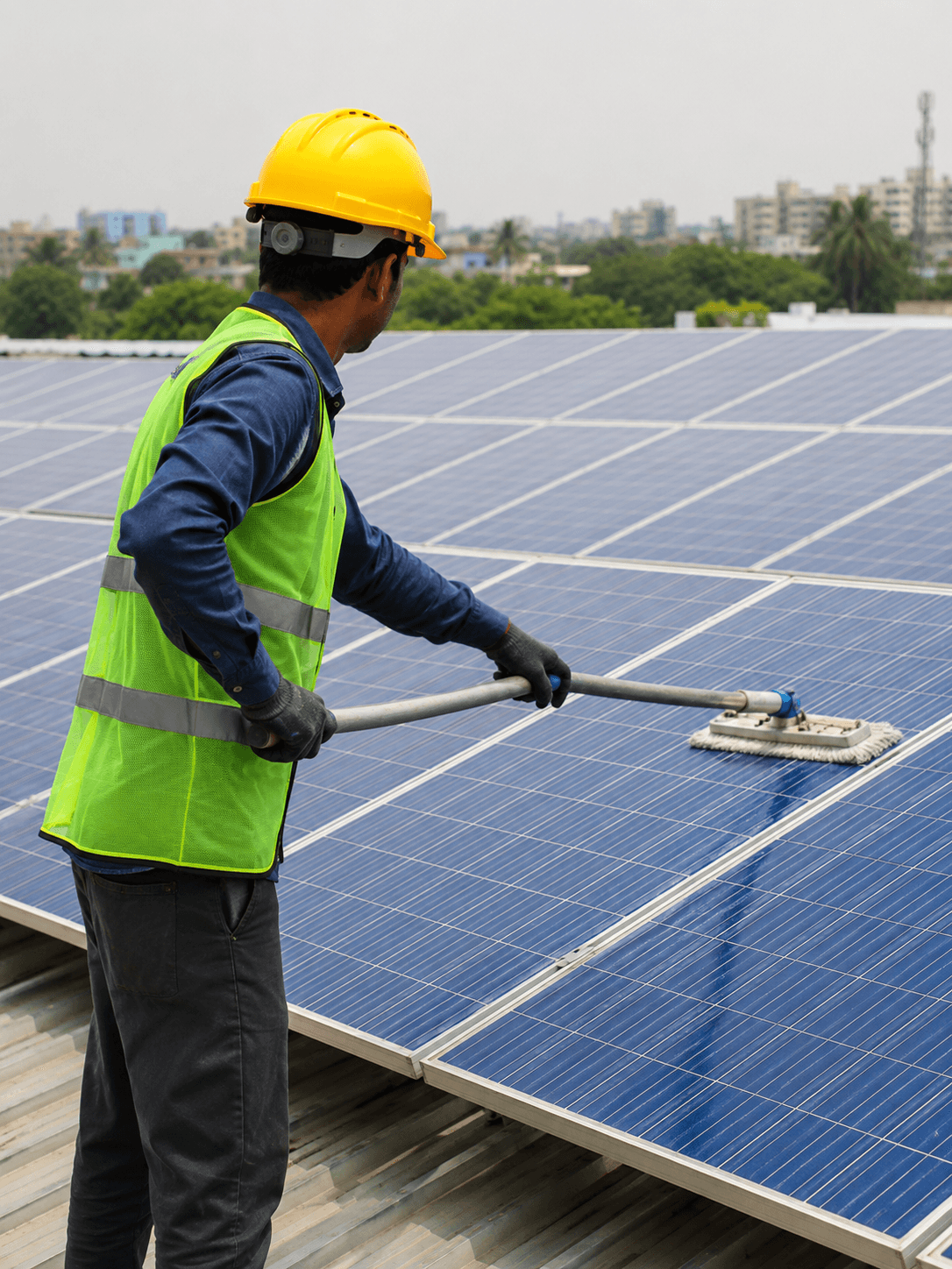 Maintenance worker in safety gear cleaning solar panels with professional equipment, demonstrating R2SY's ongoing operation and maintenance services across North India