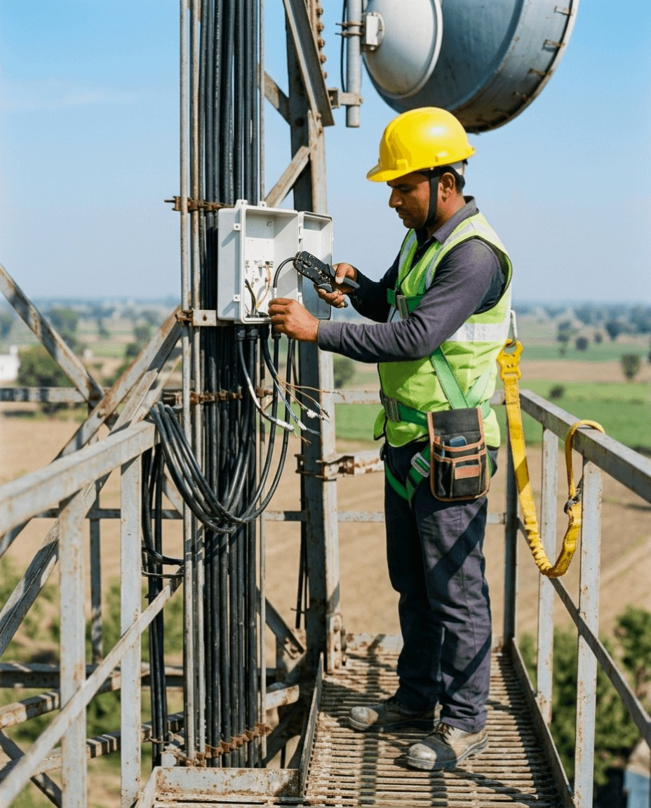 Telecom technician in safety gear climbing telecommunications tower with professional equipment, demonstrating R2SY's skilled workforce for telecom infrastructure installation and maintenance across North India