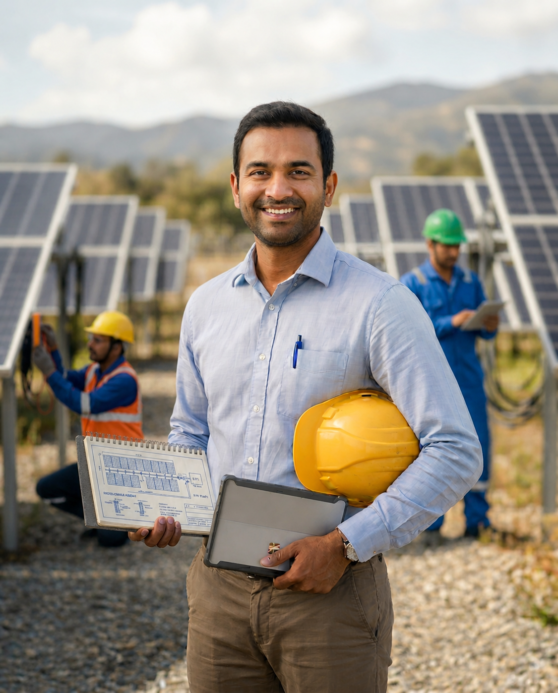 Friendly R2SY solar energy consultant with tablet at installation site, representing expert guidance and customer support for solar, EV, and telecom projects across North India